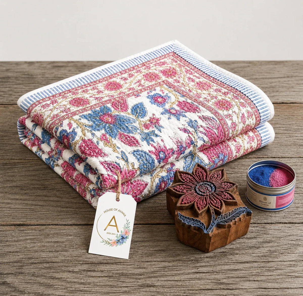 Cream & Rose Pink Dusty Blue Quilted Comforter
