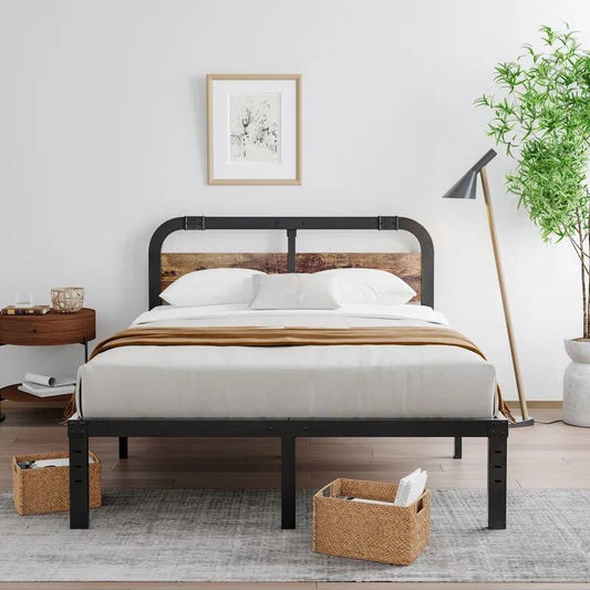 Full Size Metal Bed Frame W/Solid Wood Headboard