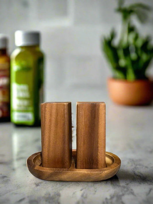 Salt & Pepper Shakers On Acacia Wood Base