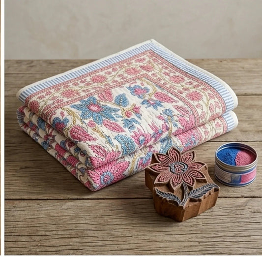 Cream & Rose Pink Dusty Blue Quilted Comforter
