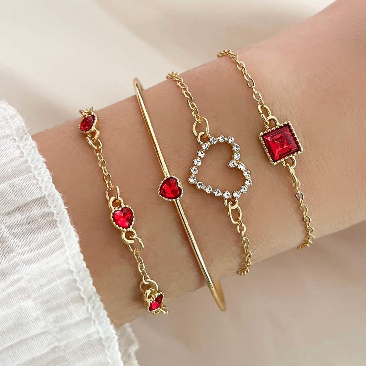 4 Piece Bracelet Heart & Square Design