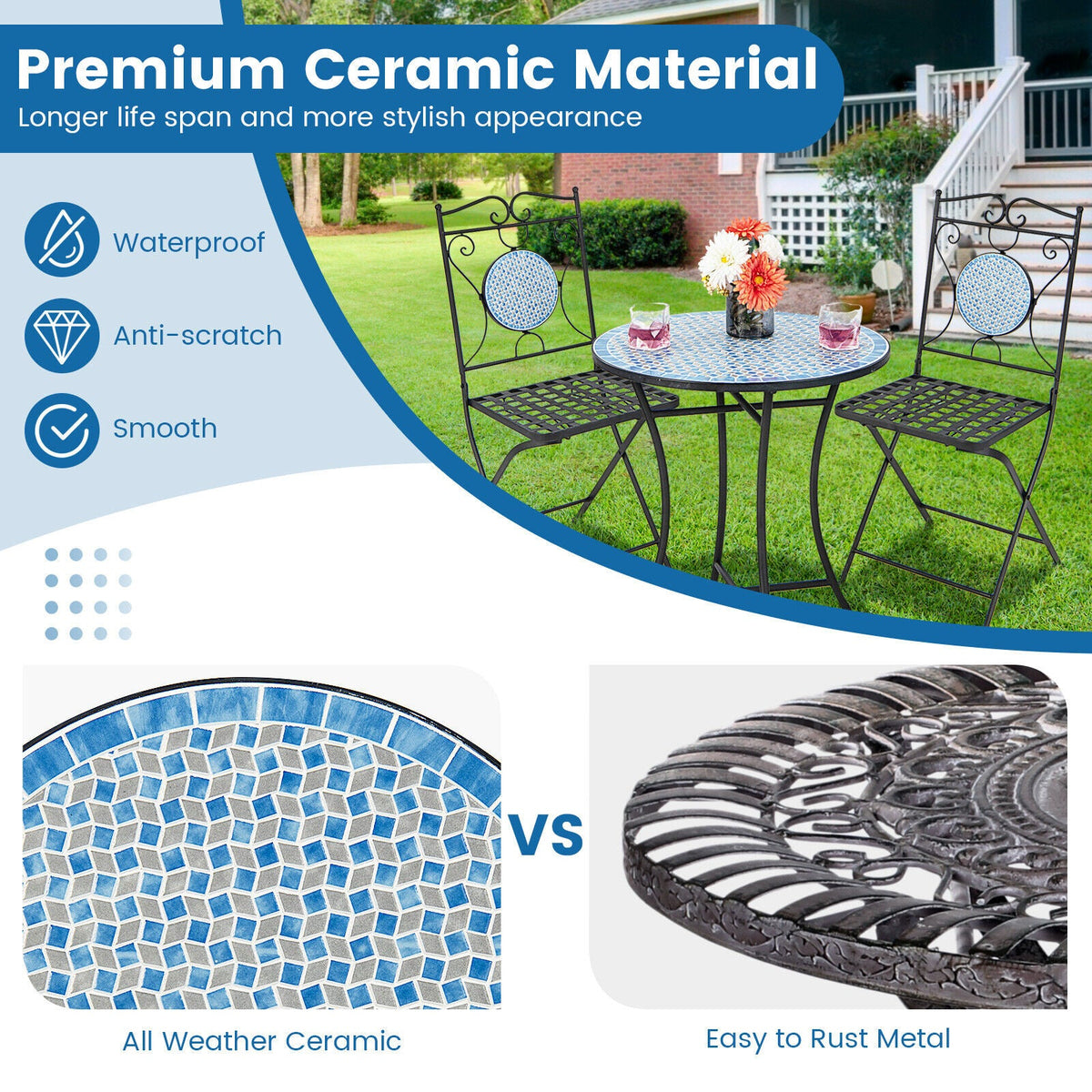 3 Pieces Outdoor Furniture Mosaic Table Chairs