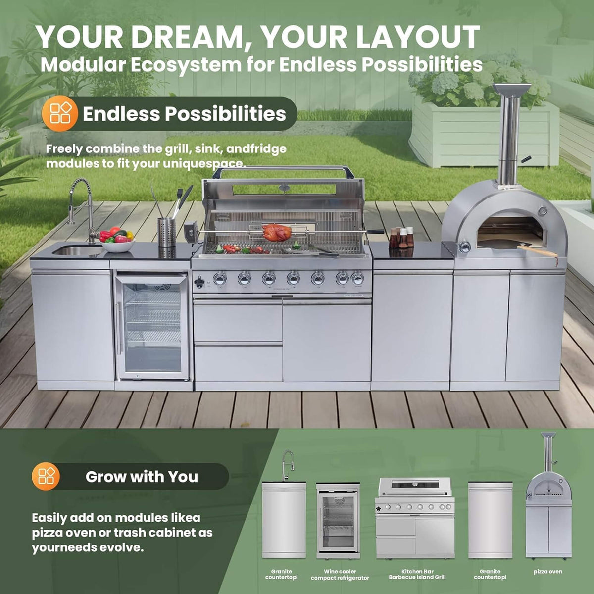 Outdoor Kitchen Island With Pizza Oven, Rotisserie & Refrigerator