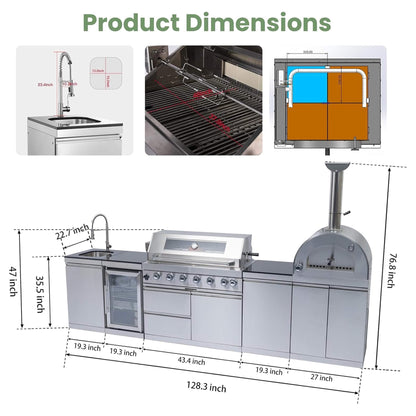 Outdoor Kitchen Island With Pizza Oven, Rotisserie & Refrigerator