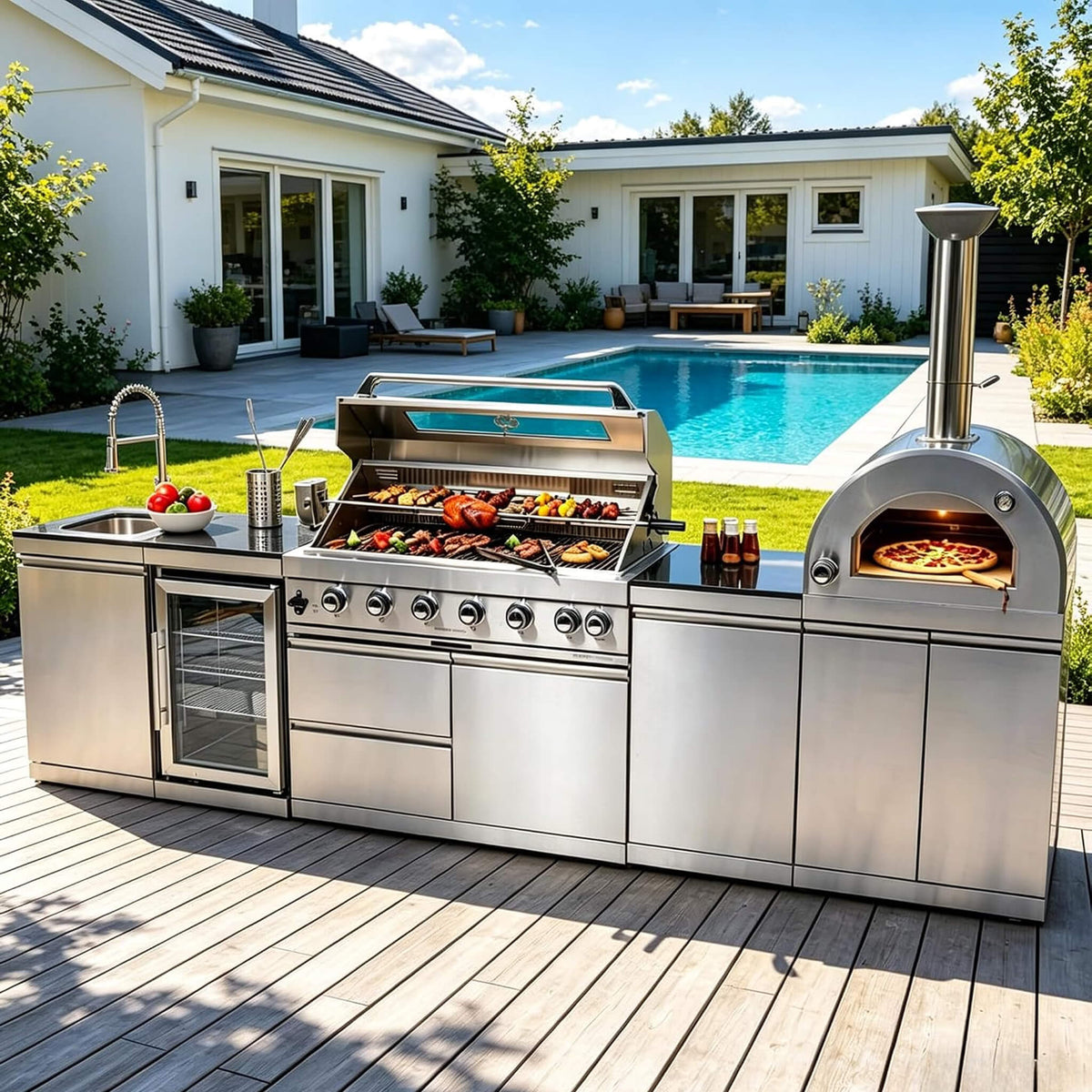 Outdoor Kitchen Island With Pizza Oven, Rotisserie & Refrigerator