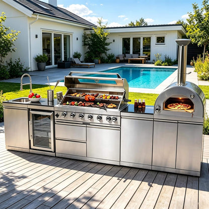 Outdoor Kitchen Island With Pizza Oven, Rotisserie & Refrigerator