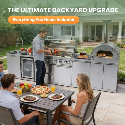Outdoor Kitchen Island With Pizza Oven, Rotisserie & Refrigerator