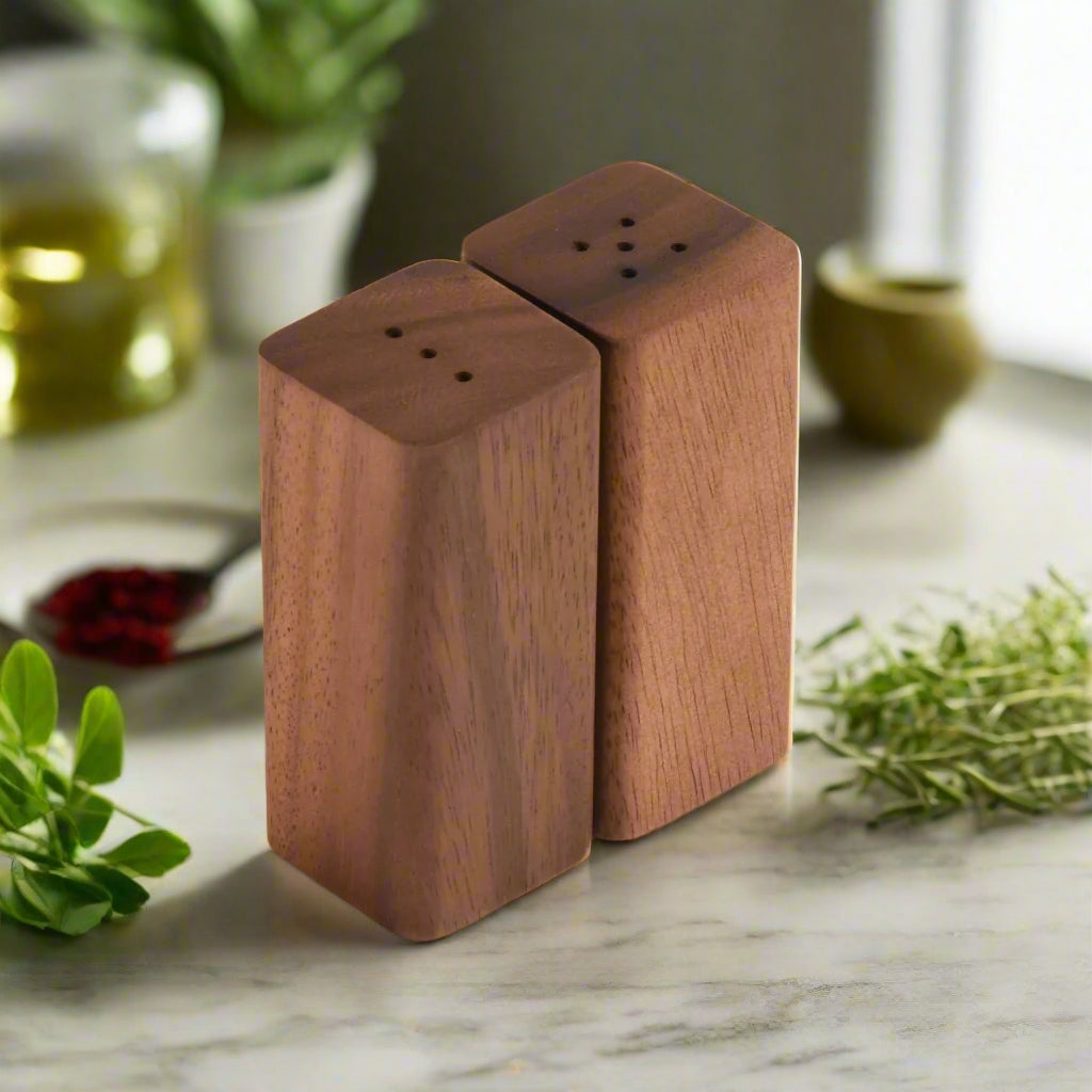 Salt & Pepper Shakers On Acacia Wood Base