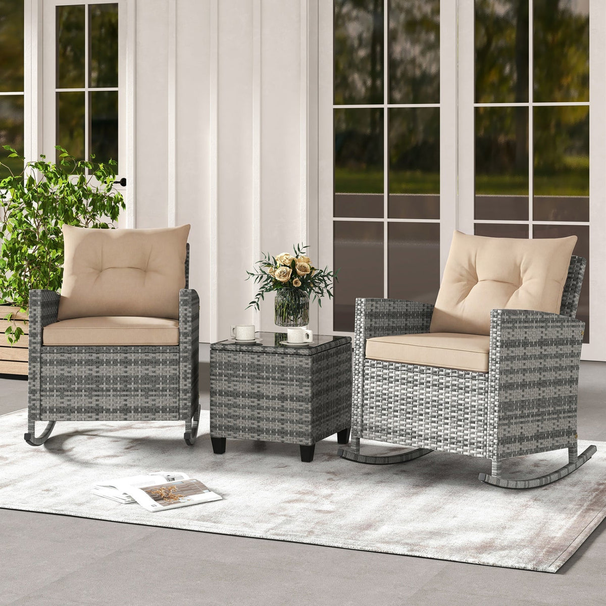3-Piece Rocking Chair Set With Glass Table
