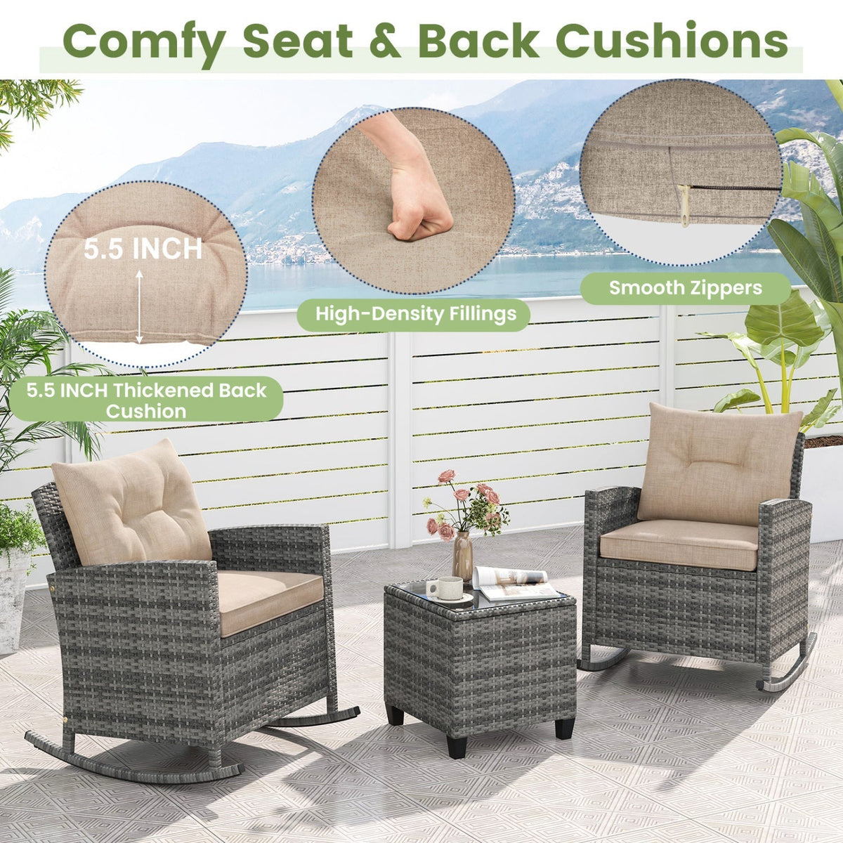 3-Piece Rocking Chair Set With Glass Table