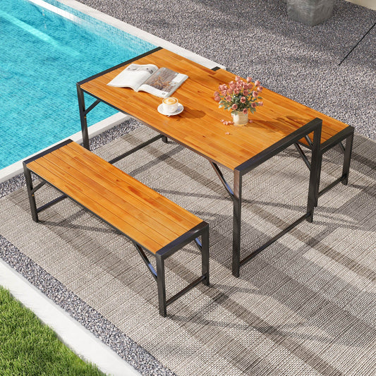 3 Pieces Wood Dining Table and 2 Benches
