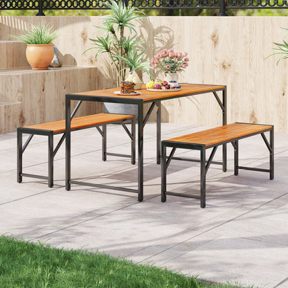3 Pieces Wood Dining Table and 2 Benches