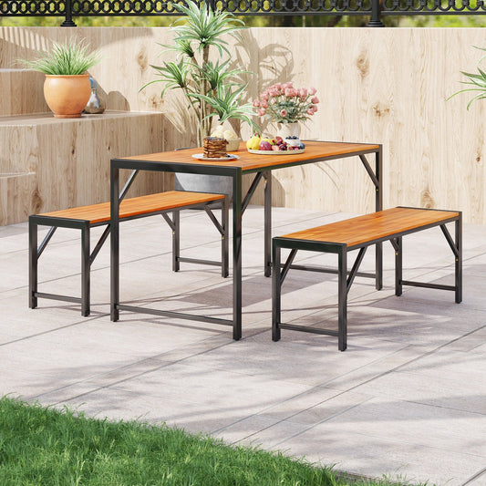 3 Pieces Wood Dining Table and 2 Benches