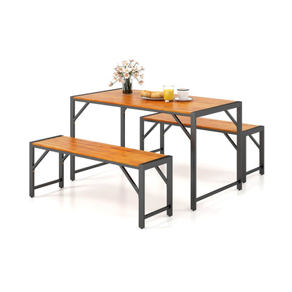 3 Pieces Wood Dining Table and 2 Benches