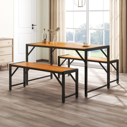 3 Pieces Wood Dining Table and 2 Benches