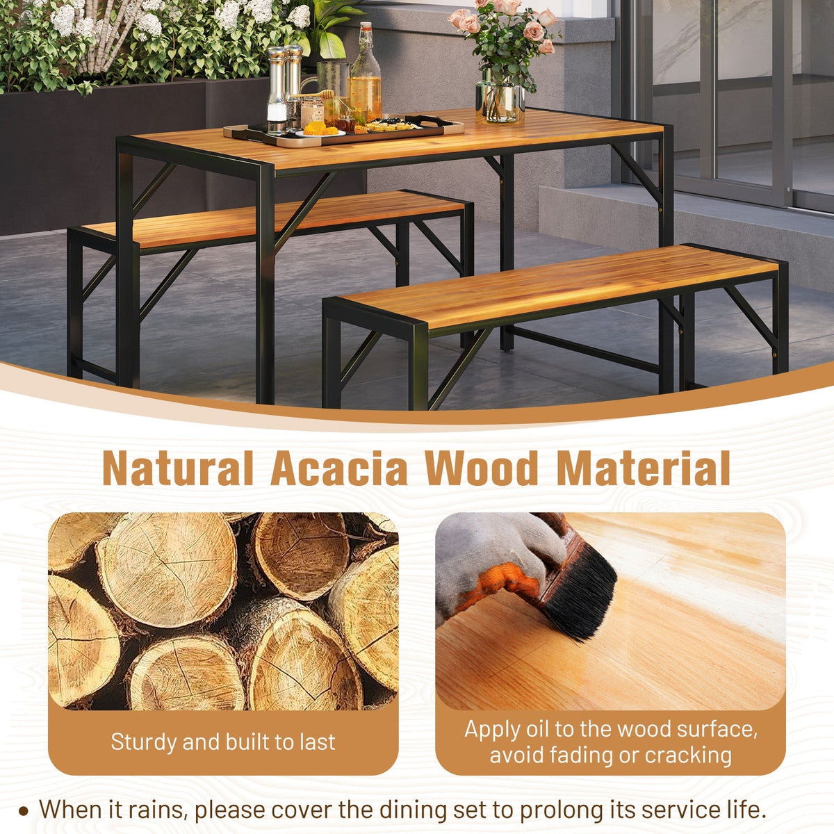 3 Pieces Wood Dining Table and 2 Benches