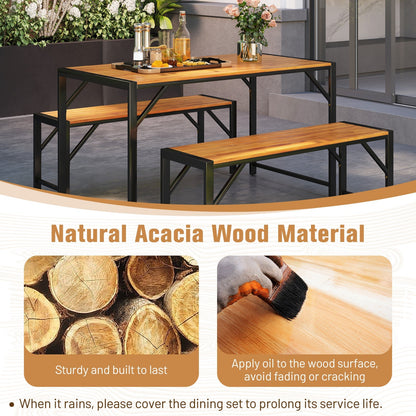 3 Pieces Wood Dining Table and 2 Benches