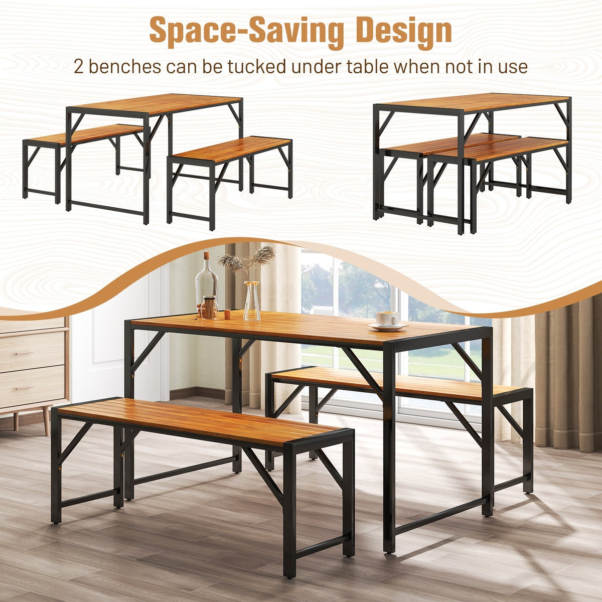 3 Pieces Wood Dining Table and 2 Benches