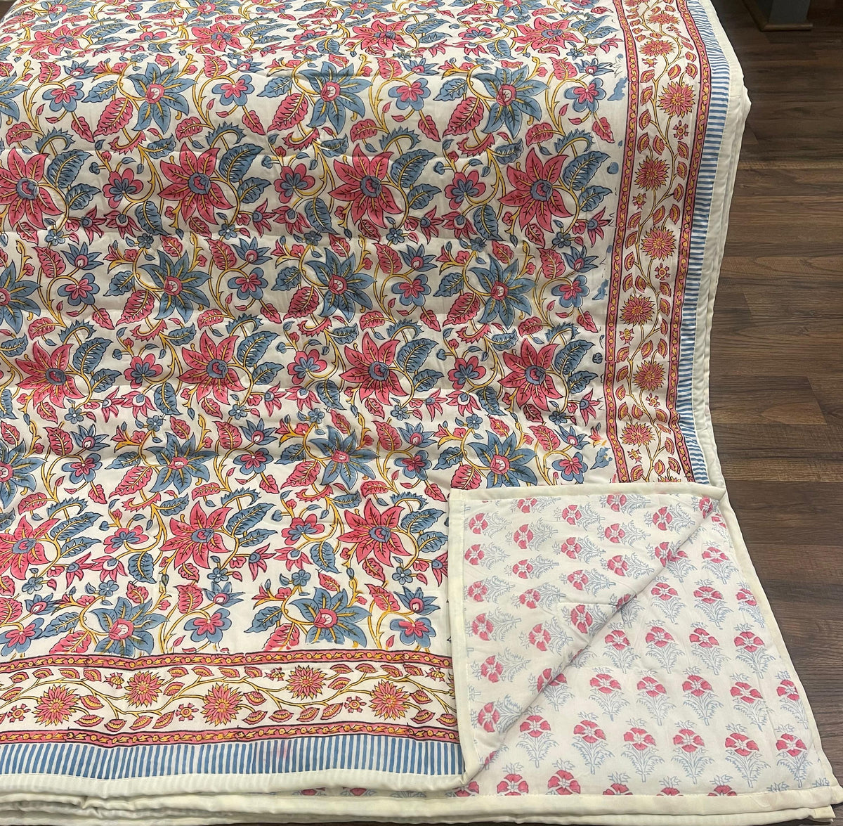 Cream & Rose Pink Dusty Blue Quilted Comforter