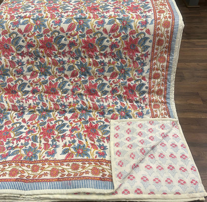 Cream & Rose Pink Dusty Blue Quilted Comforter