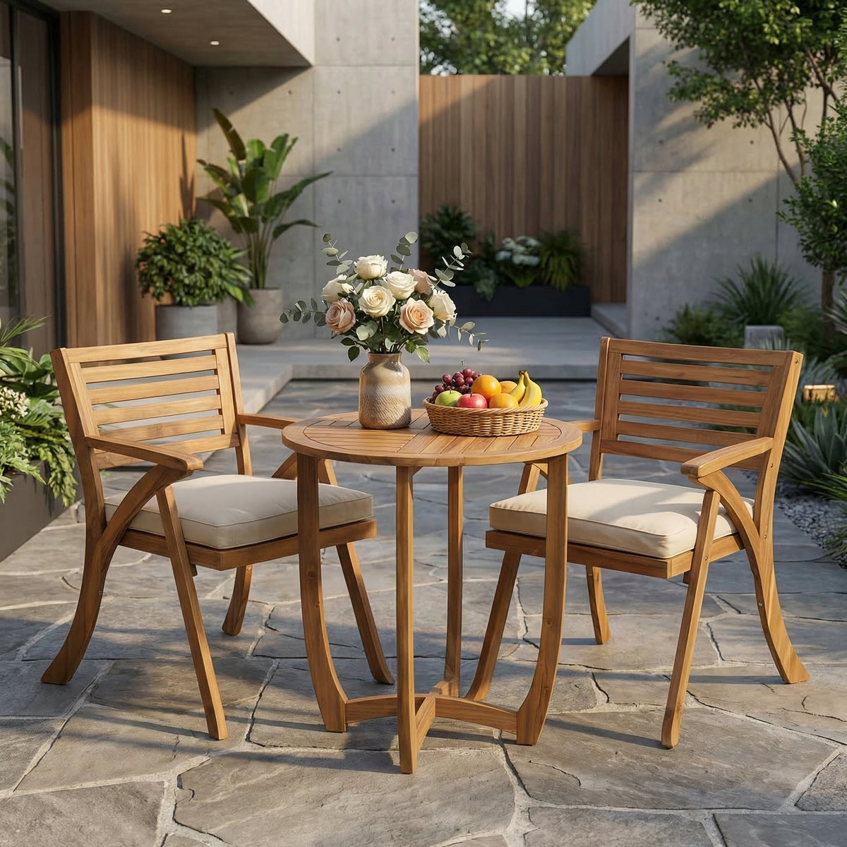3 Pieces Wood Dining Set With Cushions