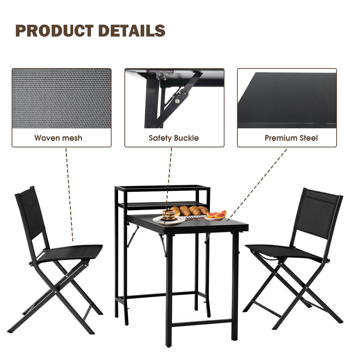 3 Piece Set Foldable Patio Table And Chairs