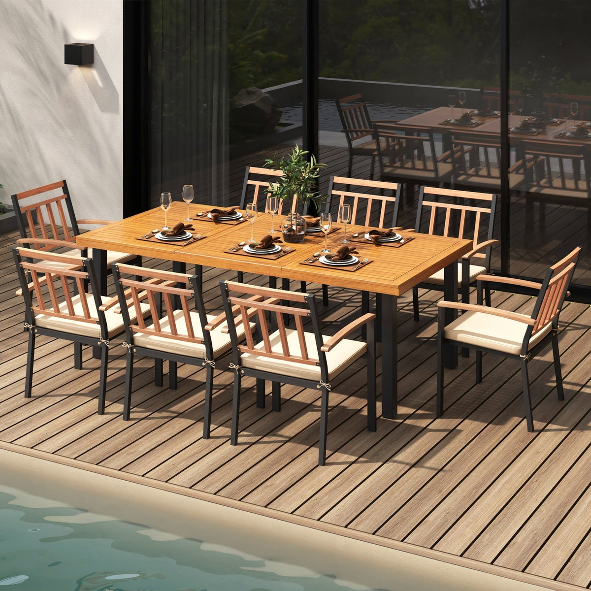 9 Pieces Wood Patio Dining Set