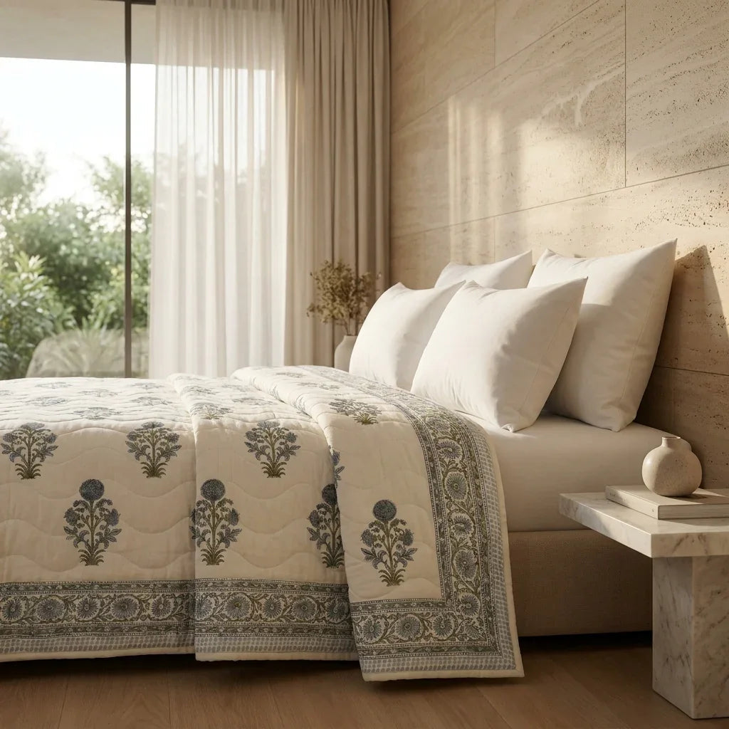 Cream & Dusty Blue Quilted Comforter