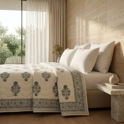 Cream & Dusty Blue Quilted Comforter