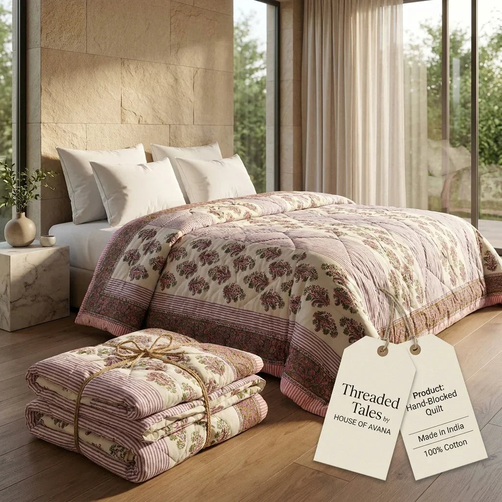 Cream Deep Pink Quilted Comforter