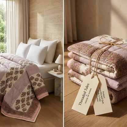 Cream Deep Pink Quilted Comforter