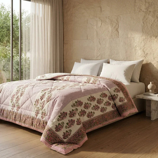 Cream Deep Pink Quilted Comforter
