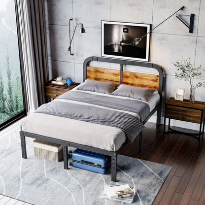 Full Size Metal Bed Frame W/Solid Wood Headboard