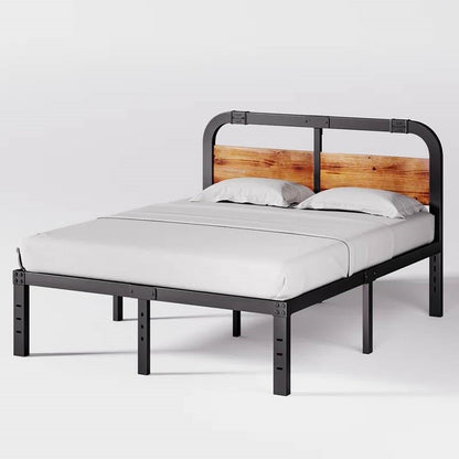 Full Size Metal Bed Frame W/Solid Wood Headboard