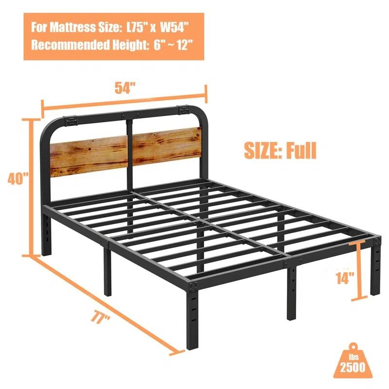 Full Size Metal Bed Frame W/Solid Wood Headboard