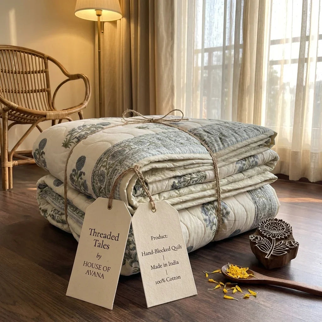 Cream & Dusty Blue Quilted Comforter