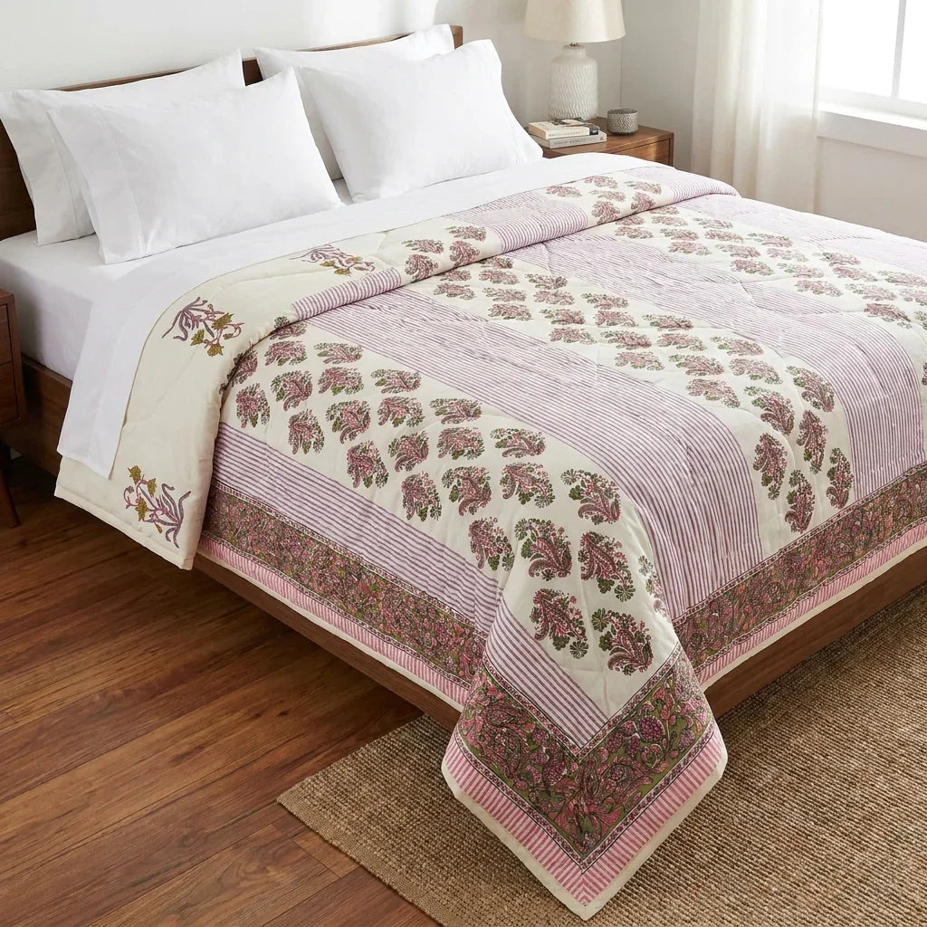 Cream Deep Pink Quilted Comforter