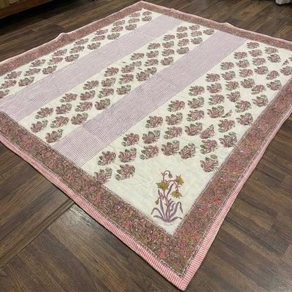 Cream Deep Pink Quilted Comforter