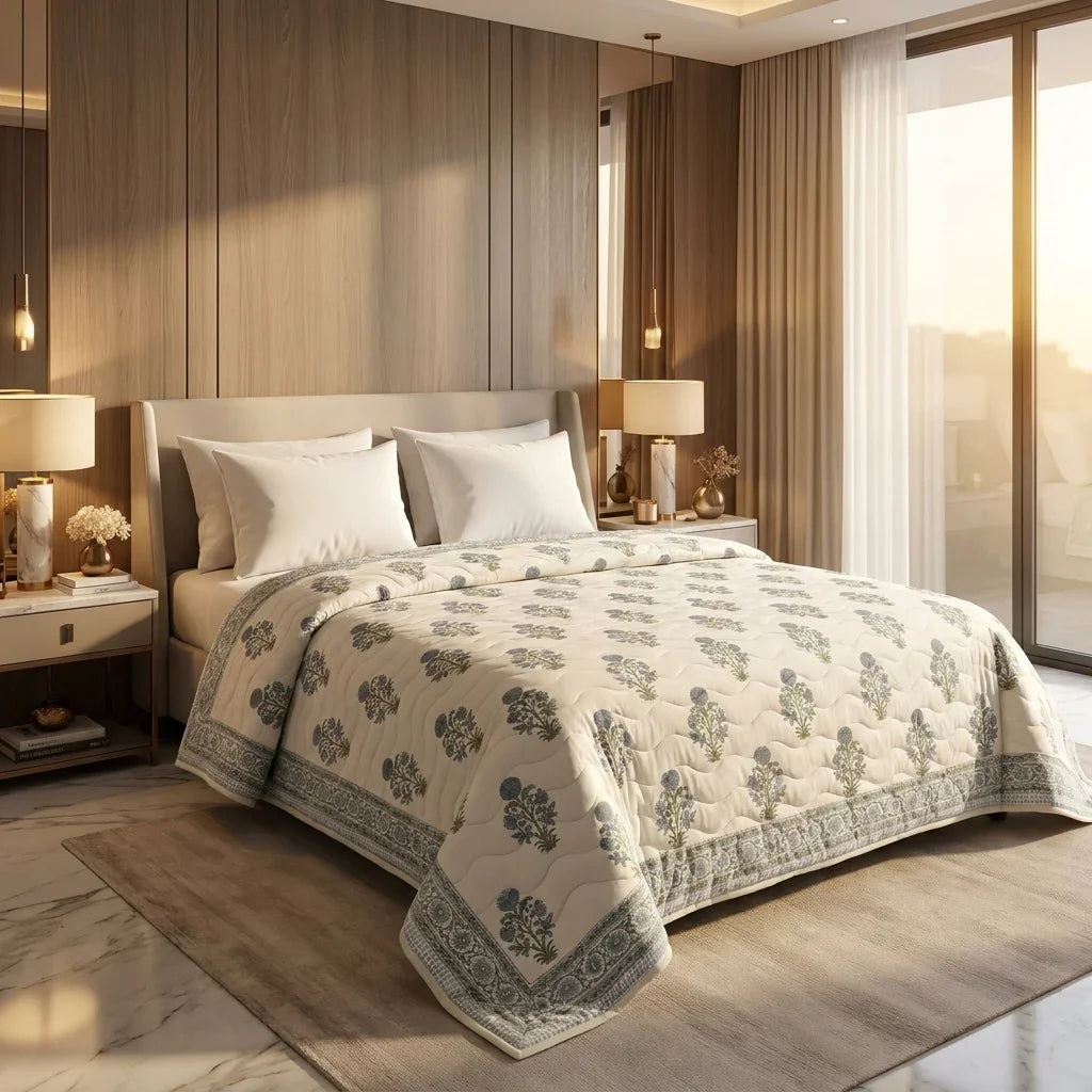 Cream & Dusty Blue Quilted Comforter