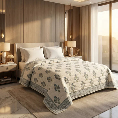 Cream & Dusty Blue Quilted Comforter