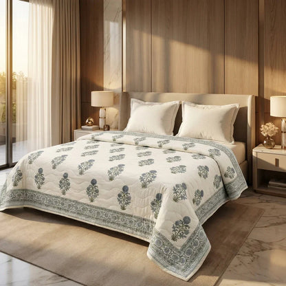 Cream & Dusty Blue Quilted Comforter