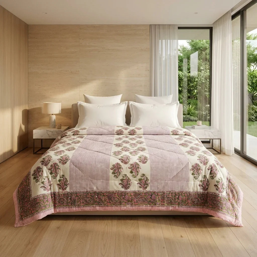 Cream Deep Pink Quilted Comforter