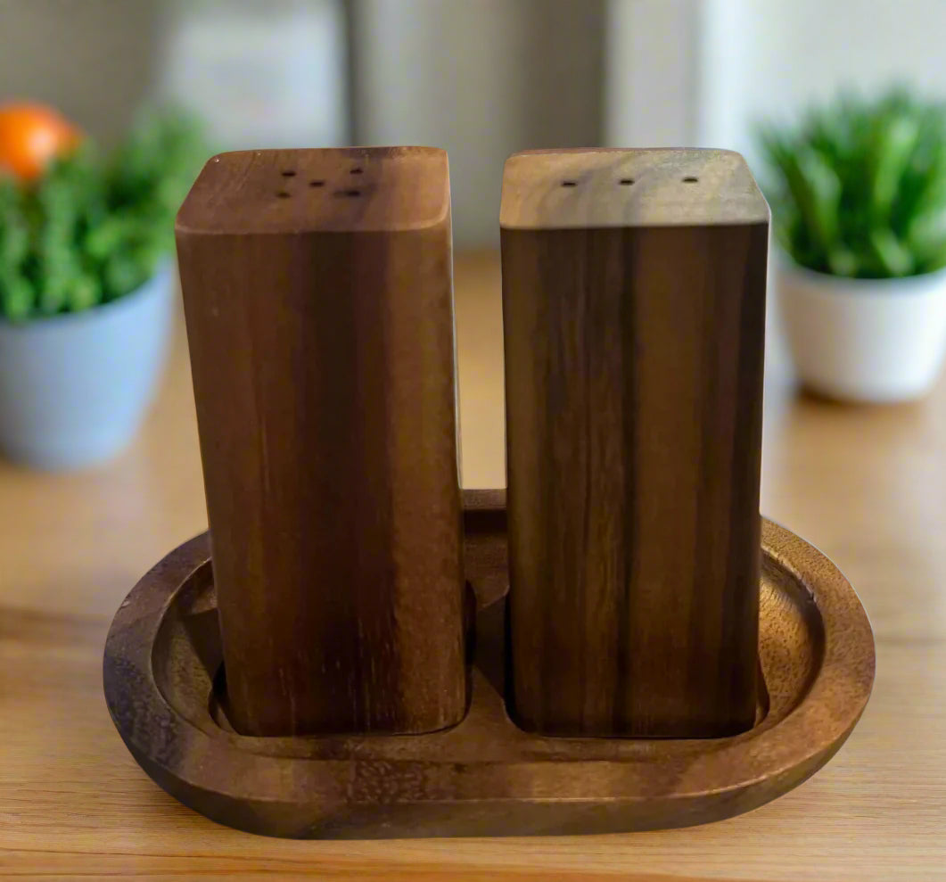 Salt & Pepper Shakers On Acacia Wood Base