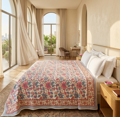Cream & Rose Pink Dusty Blue Quilted Comforter