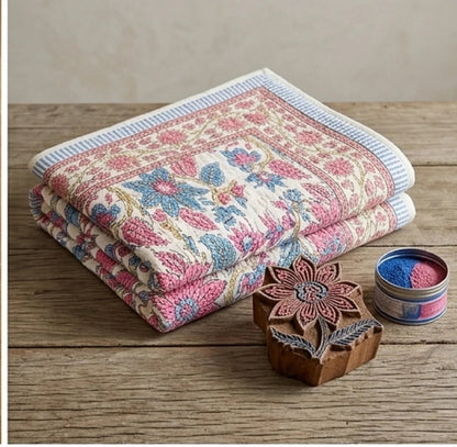 Cream & Rose Pink Dusty Blue Quilted Comforter