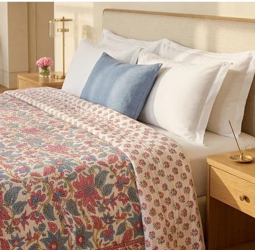Cream & Rose Pink Dusty Blue Quilted Comforter