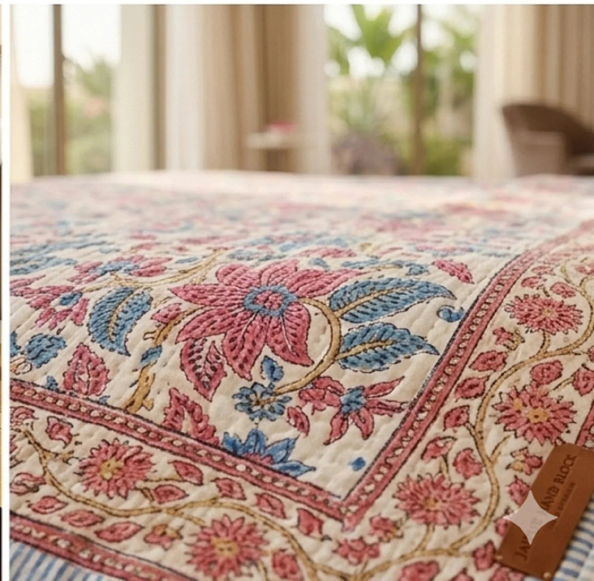 Cream & Rose Pink Dusty Blue Quilted Comforter
