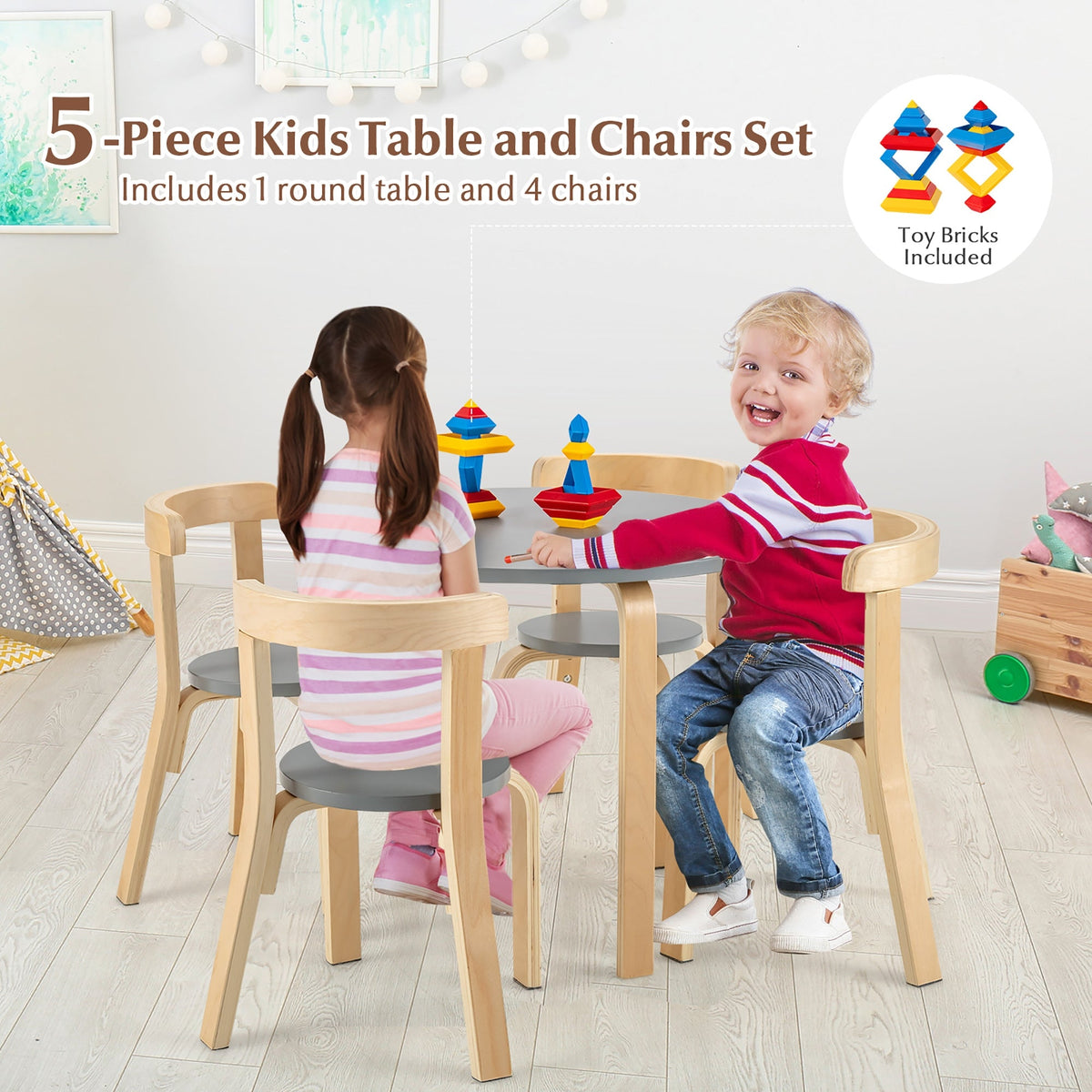 Kids Wooden Curved Back Activity Table And Chair Set