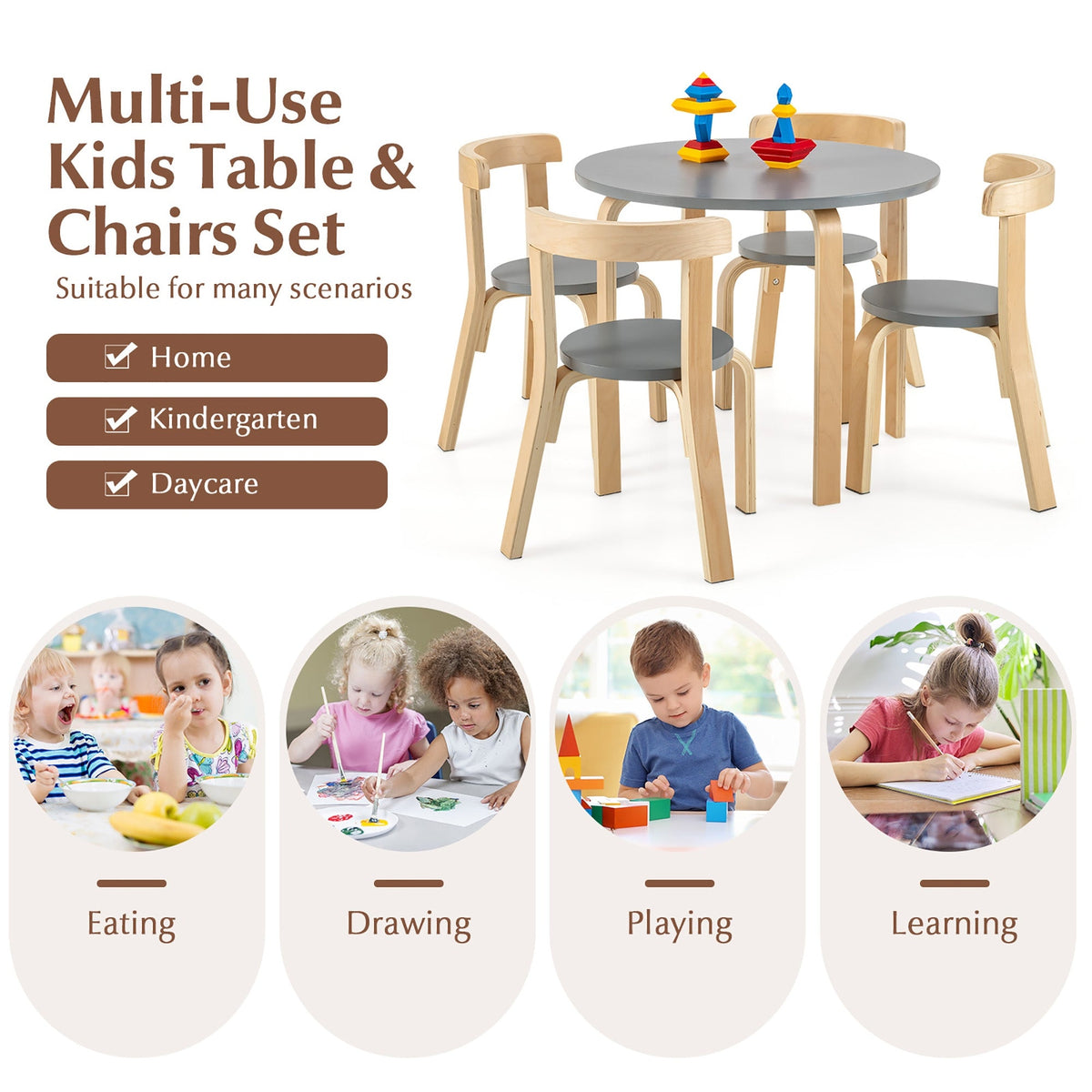 Kids Wooden Curved Back Activity Table And Chair Set