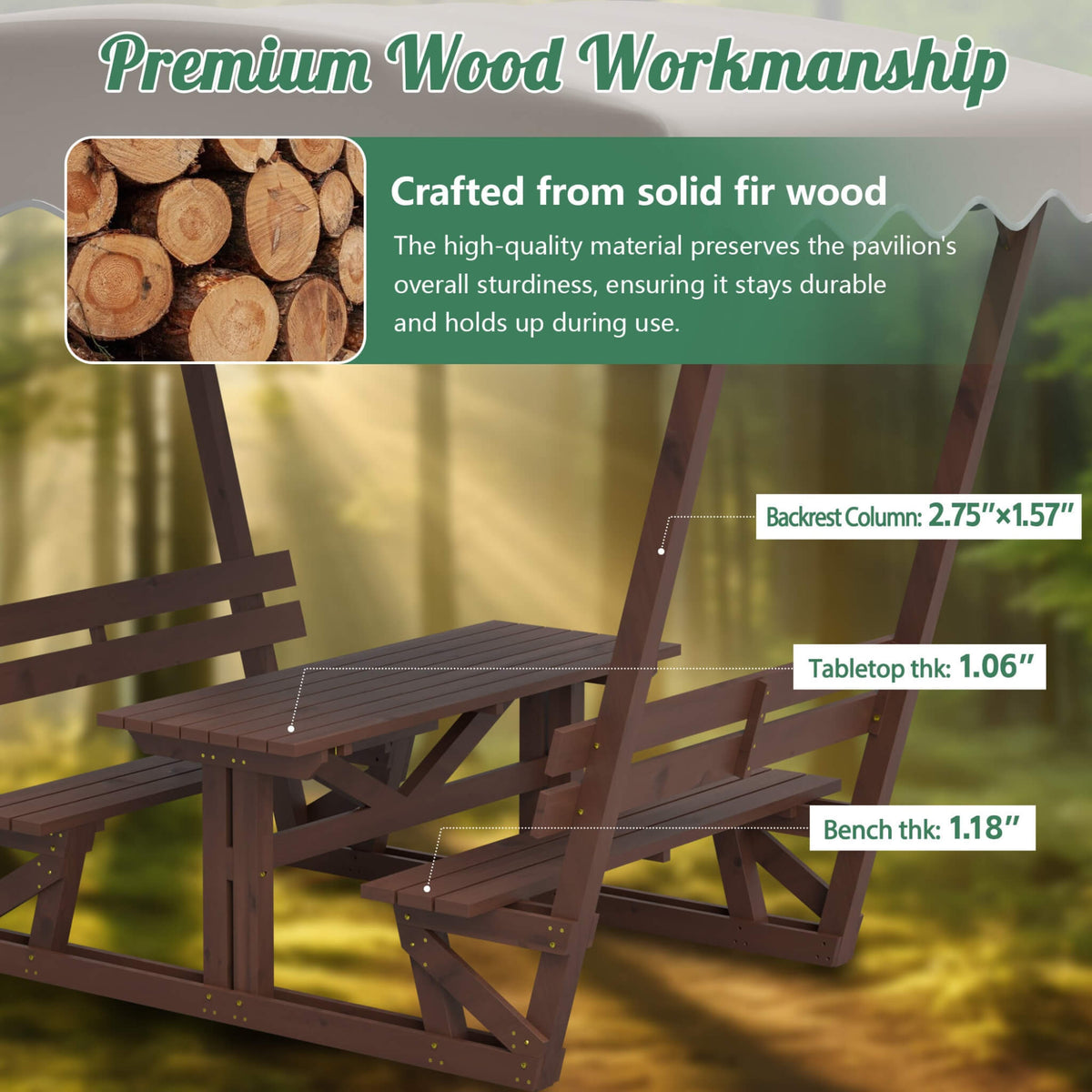 Waterproof Wood Picnic Table And Bench With Removable Canopy
